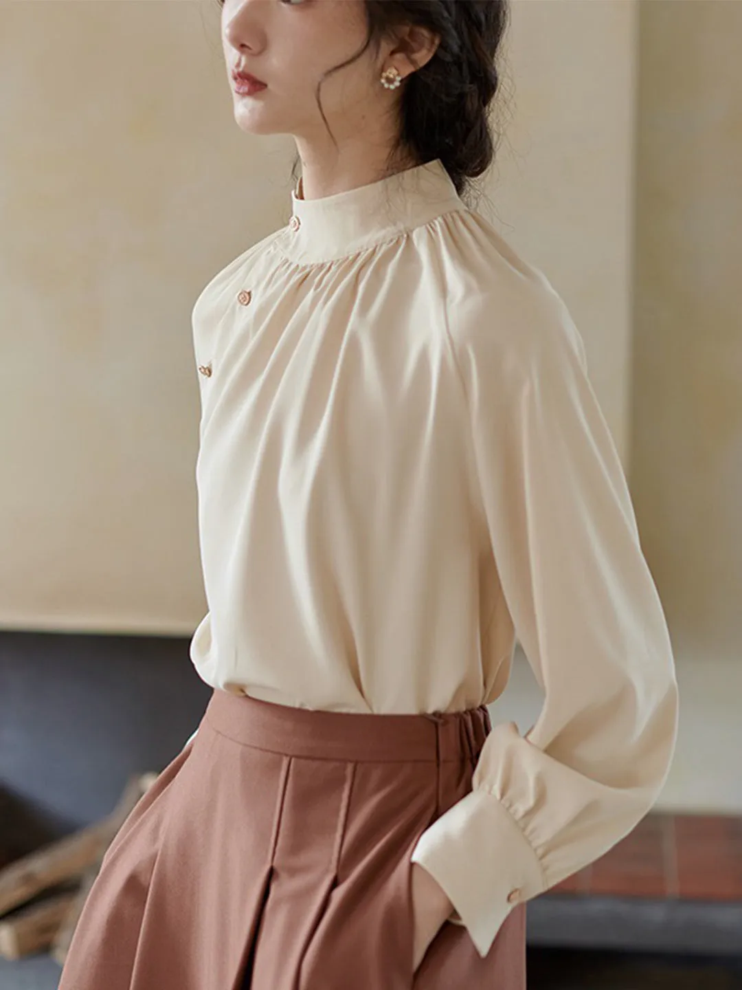 Sally Vintage Style Stand Collar Pullover Blouse