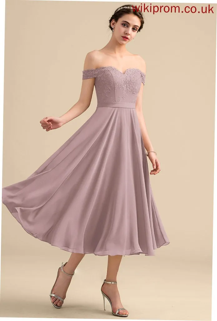 Sequins Embellishment Tea-Length Length Off-the-Shoulder Fabric A-Line Beading Neckline Silhouette Mira Floor Length Bridesmaid Dresses