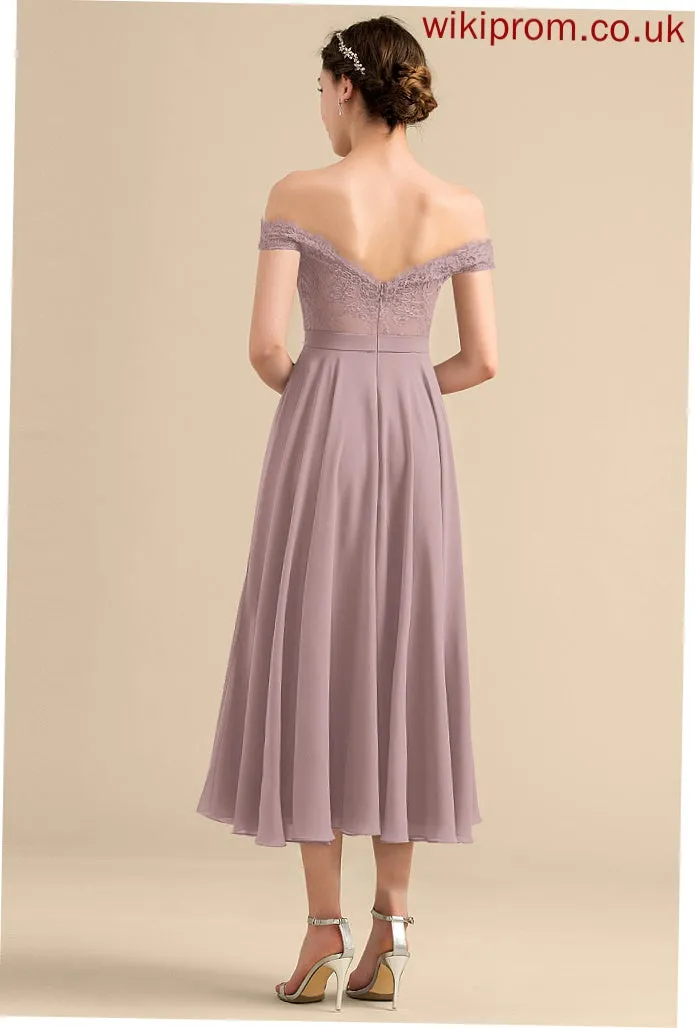 Sequins Embellishment Tea-Length Length Off-the-Shoulder Fabric A-Line Beading Neckline Silhouette Mira Floor Length Bridesmaid Dresses