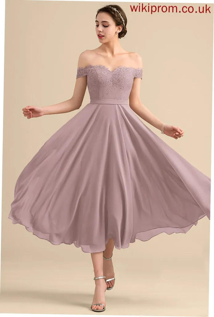 Sequins Embellishment Tea-Length Length Off-the-Shoulder Fabric A-Line Beading Neckline Silhouette Mira Floor Length Bridesmaid Dresses