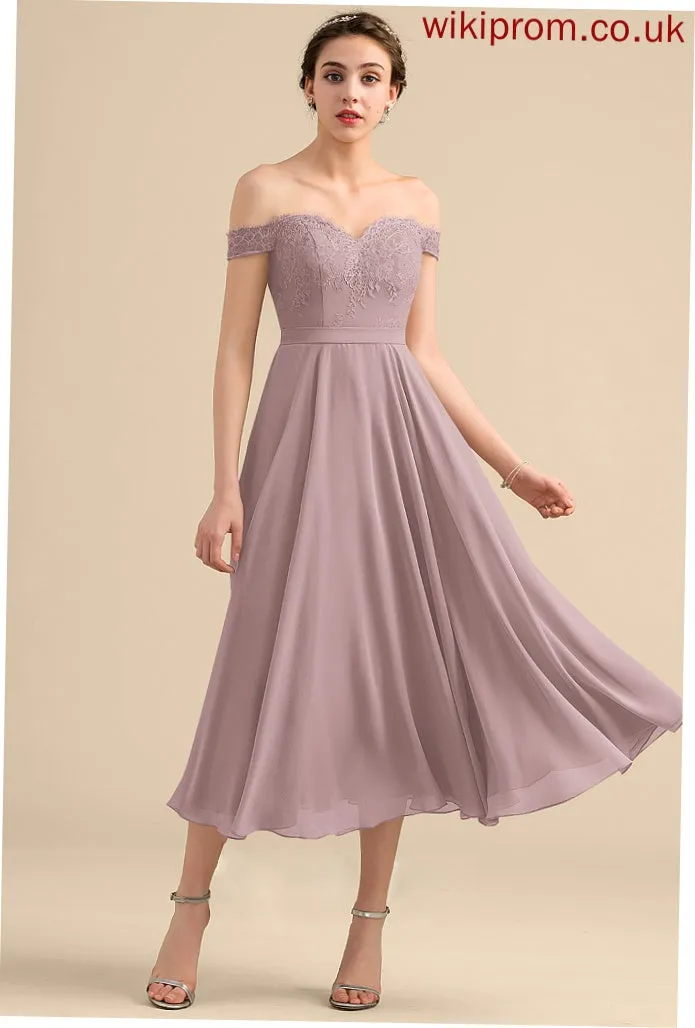 Sequins Embellishment Tea-Length Length Off-the-Shoulder Fabric A-Line Beading Neckline Silhouette Mira Floor Length Bridesmaid Dresses