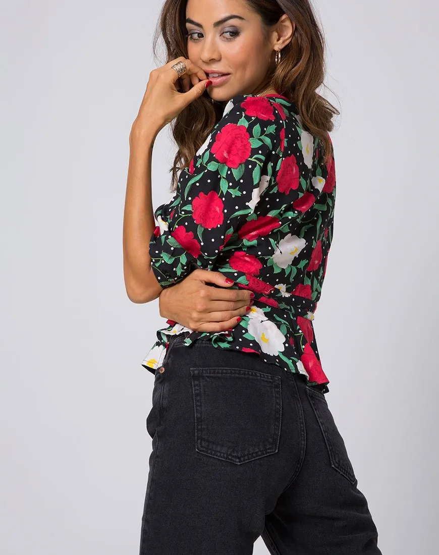 Shon Wrap Top in Polka Rose Black