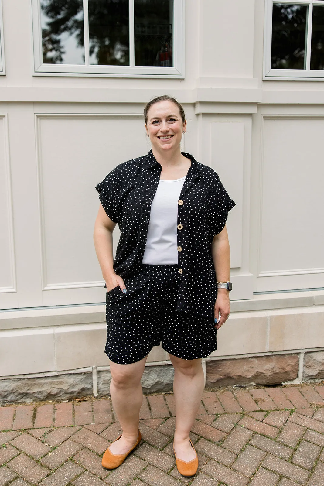 Short Sleeve Button Up Shirt & Polka Dot Shorts