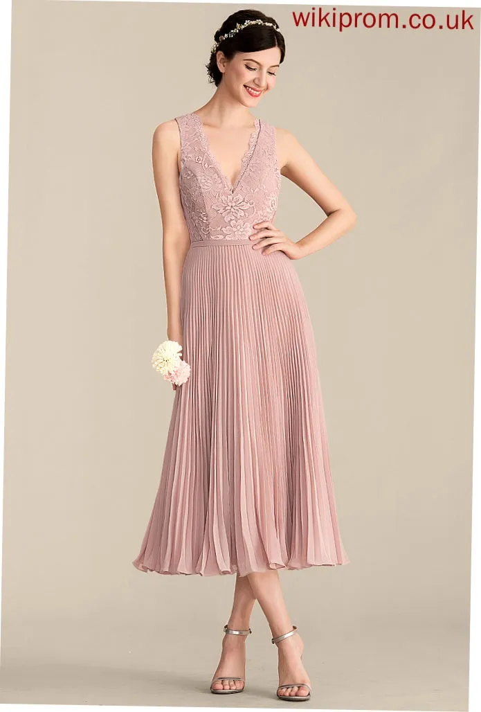 Silhouette V-neck Pleated Fabric Neckline Tea-Length Length A-Line Embellishment Gracelyn A-Line/Princess Floor Length Bridesmaid Dresses