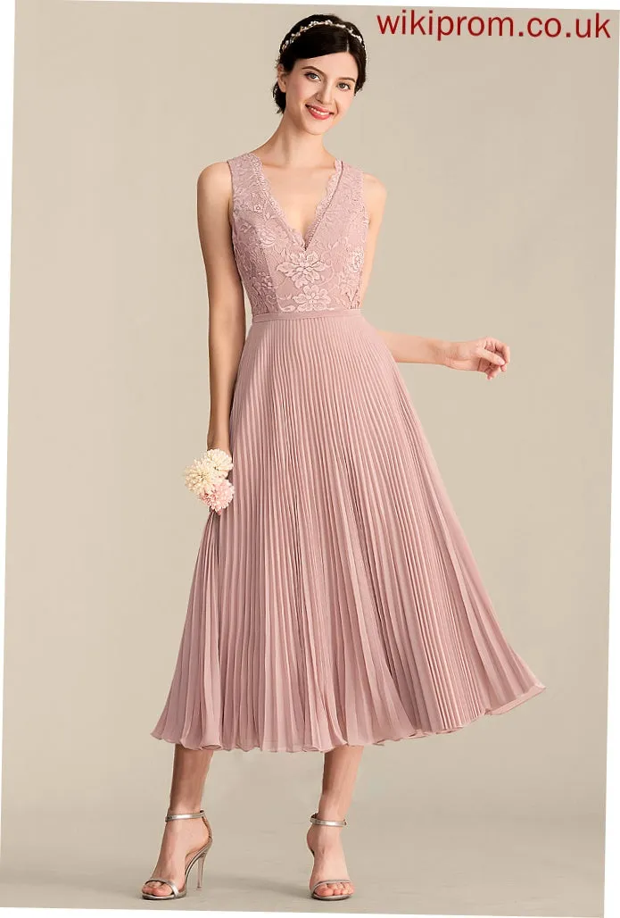 Silhouette V-neck Pleated Fabric Neckline Tea-Length Length A-Line Embellishment Gracelyn A-Line/Princess Floor Length Bridesmaid Dresses