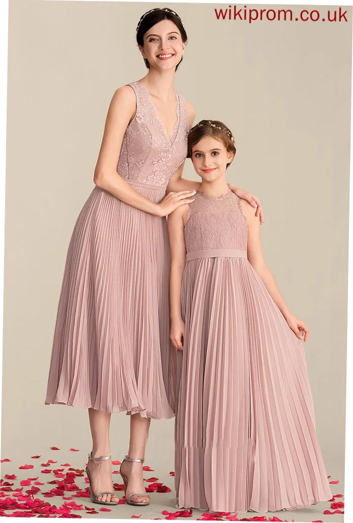 Silhouette V-neck Pleated Fabric Neckline Tea-Length Length A-Line Embellishment Gracelyn A-Line/Princess Floor Length Bridesmaid Dresses