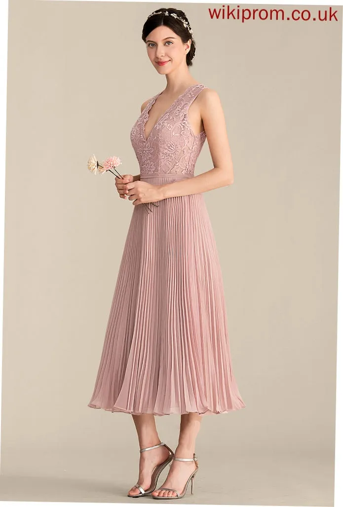 Silhouette V-neck Pleated Fabric Neckline Tea-Length Length A-Line Embellishment Gracelyn A-Line/Princess Floor Length Bridesmaid Dresses