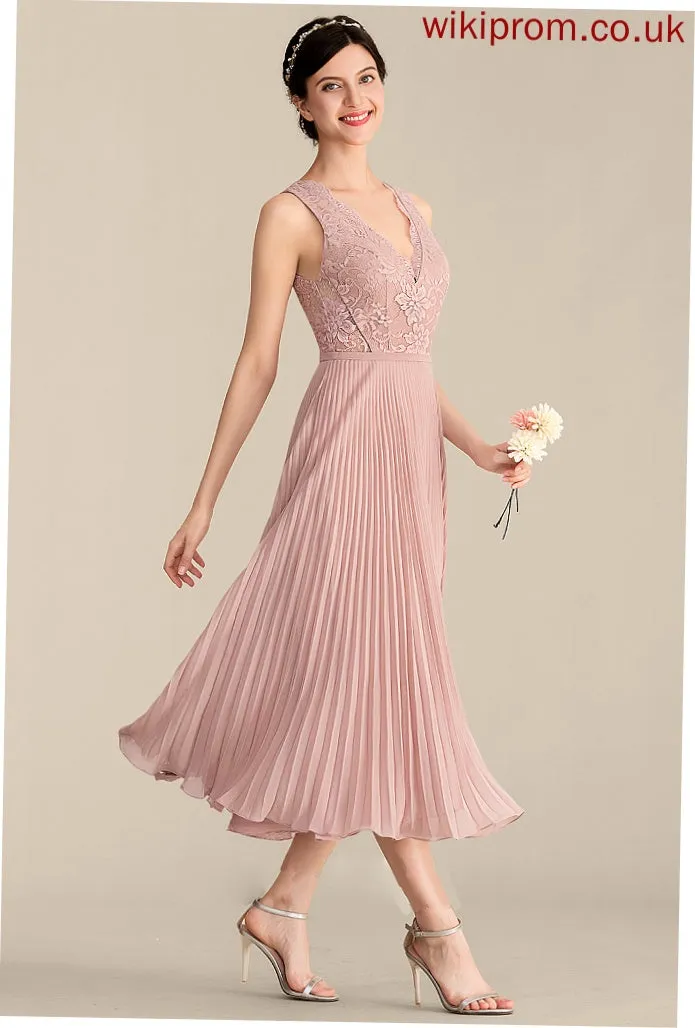 Silhouette V-neck Pleated Fabric Neckline Tea-Length Length A-Line Embellishment Gracelyn A-Line/Princess Floor Length Bridesmaid Dresses