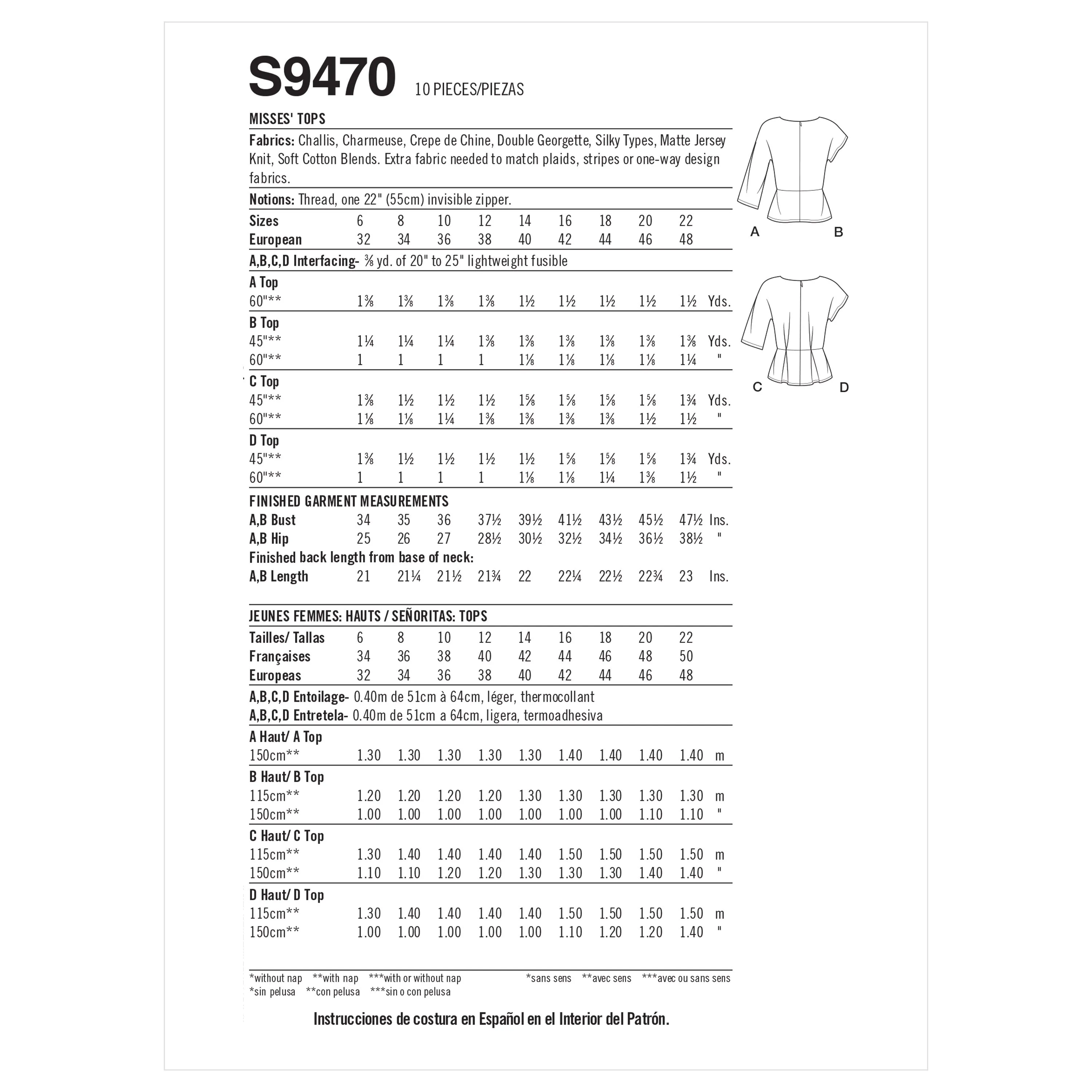 Simplicity Sewing Pattern 9470 Misses Tops