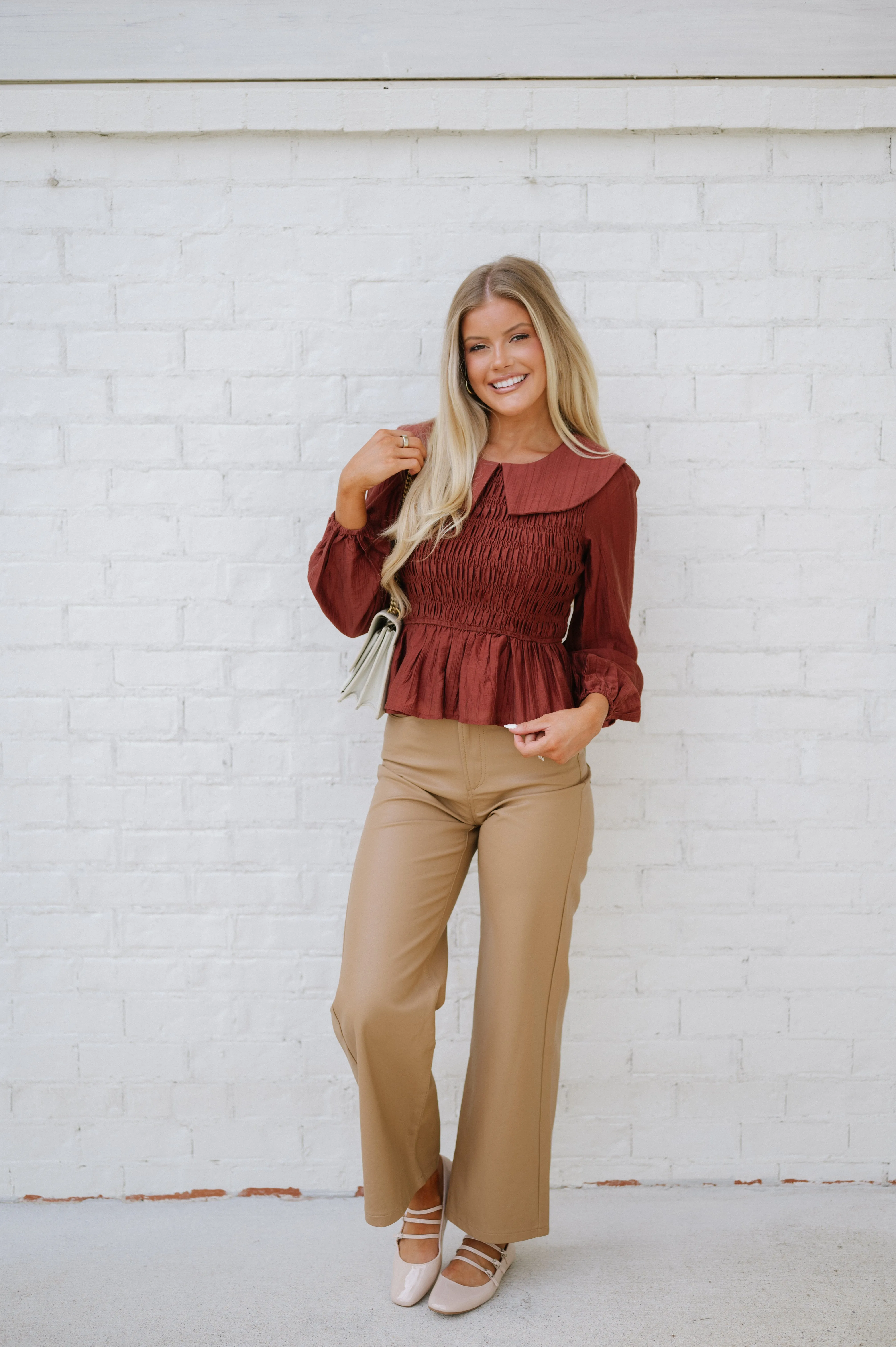 Smocked Peplum Blouse- Brick