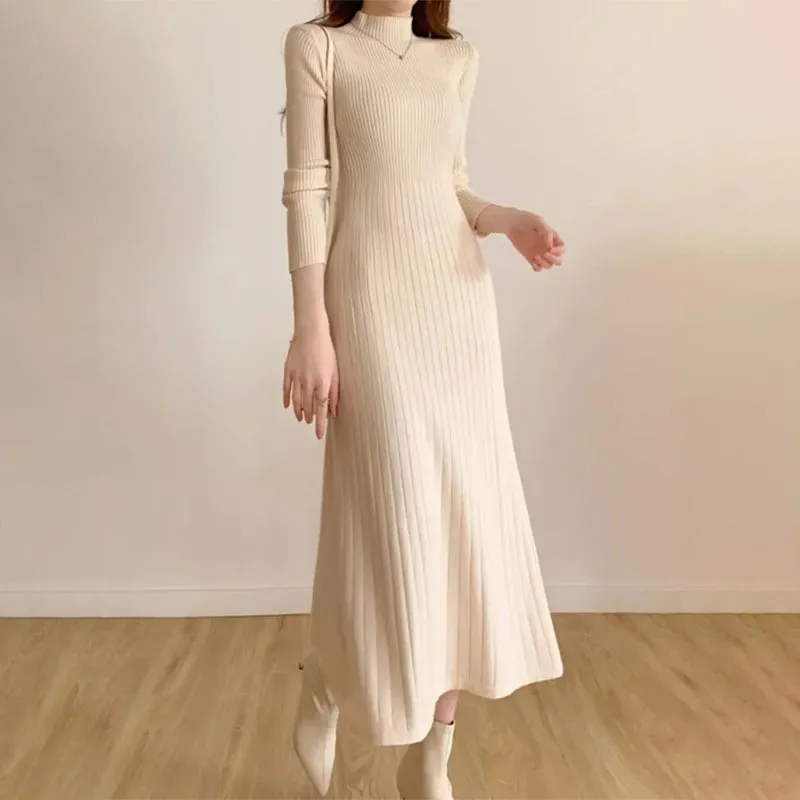 Snug Fit Knitted Long Sleeve Midi Dresses