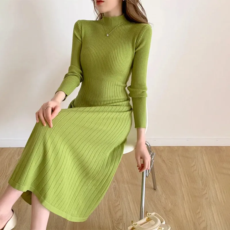 Snug Fit Knitted Long Sleeve Midi Dresses