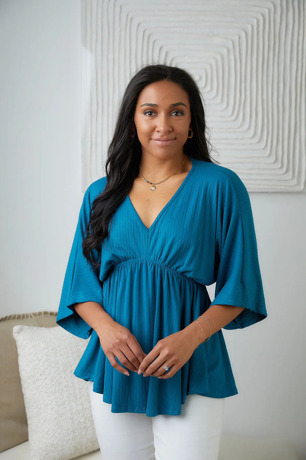 Storied Moments Draped Peplum Top in Teal