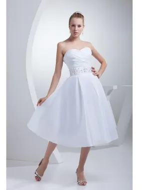 Strapless Short A-line Tea Length Wedding Dress with beading waist panel