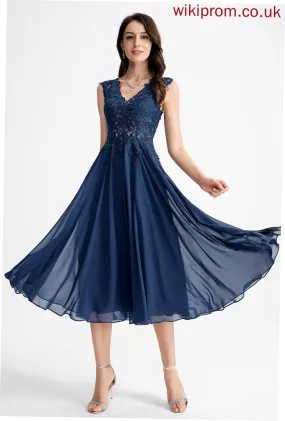 Tea-Length Chiffon Helena V-neck A-Line Dress Cocktail Cocktail Dresses Lace