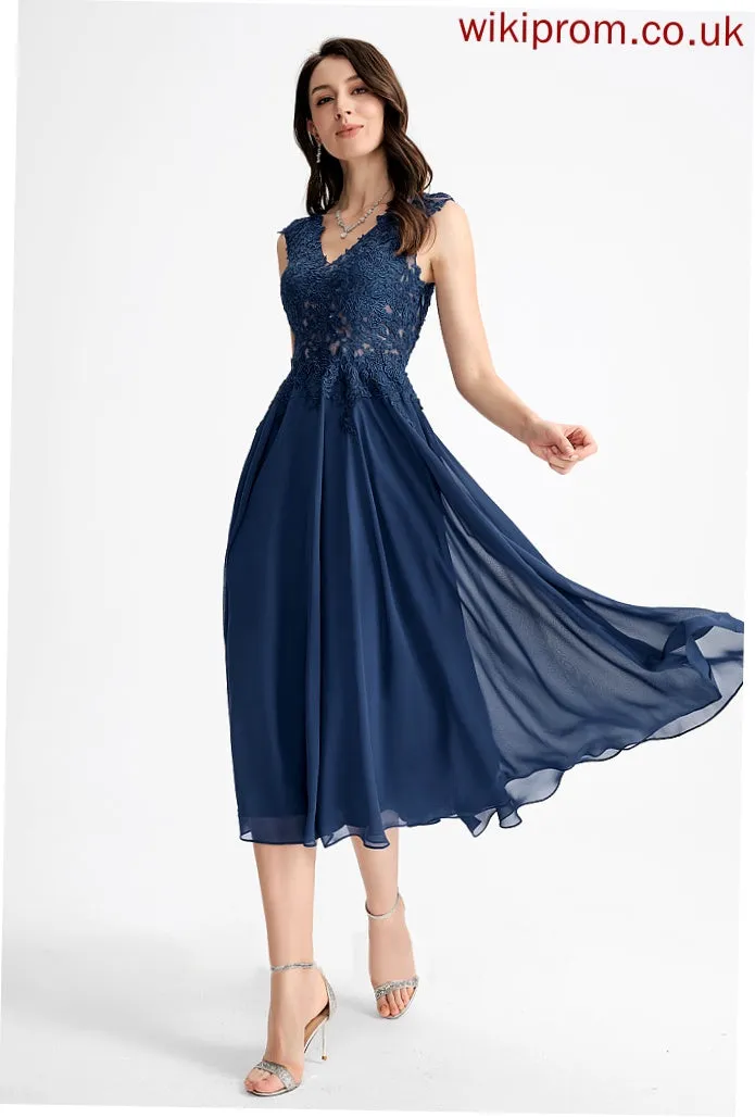 Tea-Length Chiffon Helena V-neck A-Line Dress Cocktail Cocktail Dresses Lace