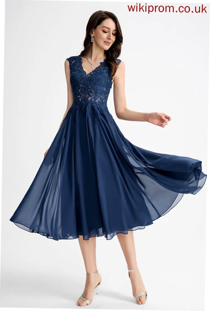 Tea-Length Chiffon Helena V-neck A-Line Dress Cocktail Cocktail Dresses Lace