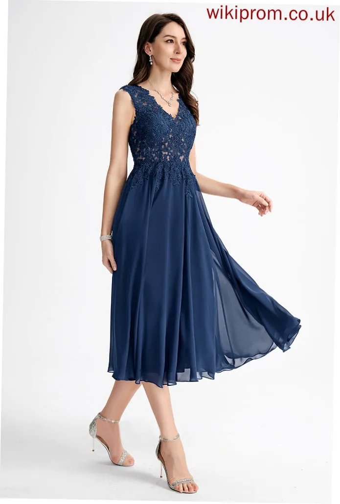 Tea-Length Chiffon Helena V-neck A-Line Dress Cocktail Cocktail Dresses Lace