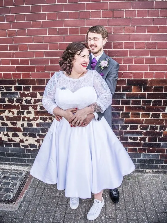 Tea Length Plus Size Wedding Dress with 3/4 Sleeves | 1950s Vintage Gown