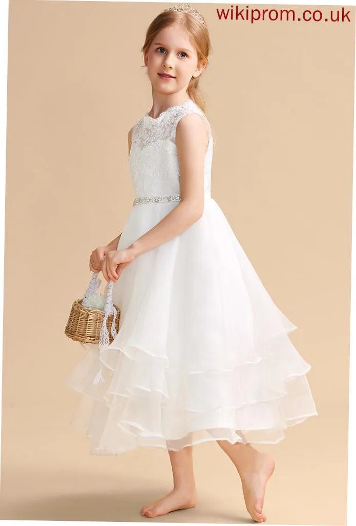 Tea-length Scoop A-Line Beading/Rhinestone Flower Girl Dresses Sleeveless Neck - Flower With Organza/Lace Leah Dress Girl