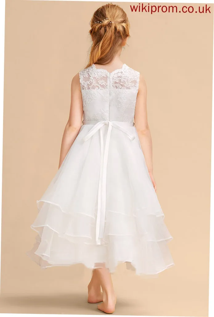 Tea-length Scoop A-Line Beading/Rhinestone Flower Girl Dresses Sleeveless Neck - Flower With Organza/Lace Leah Dress Girl