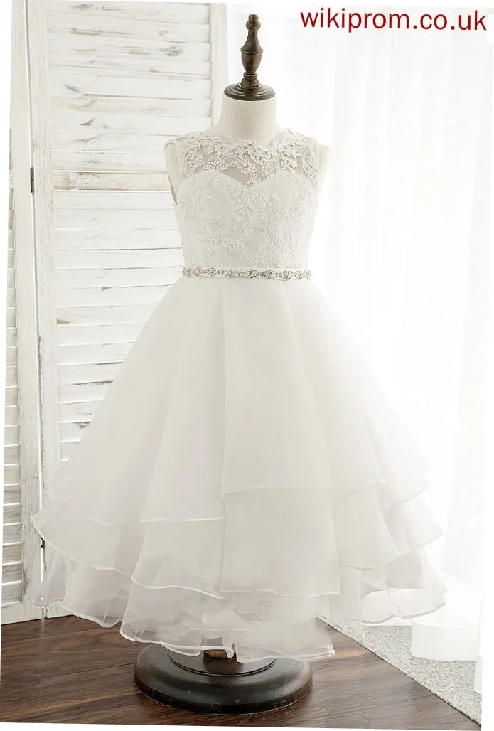 Tea-length Scoop A-Line Beading/Rhinestone Flower Girl Dresses Sleeveless Neck - Flower With Organza/Lace Leah Dress Girl