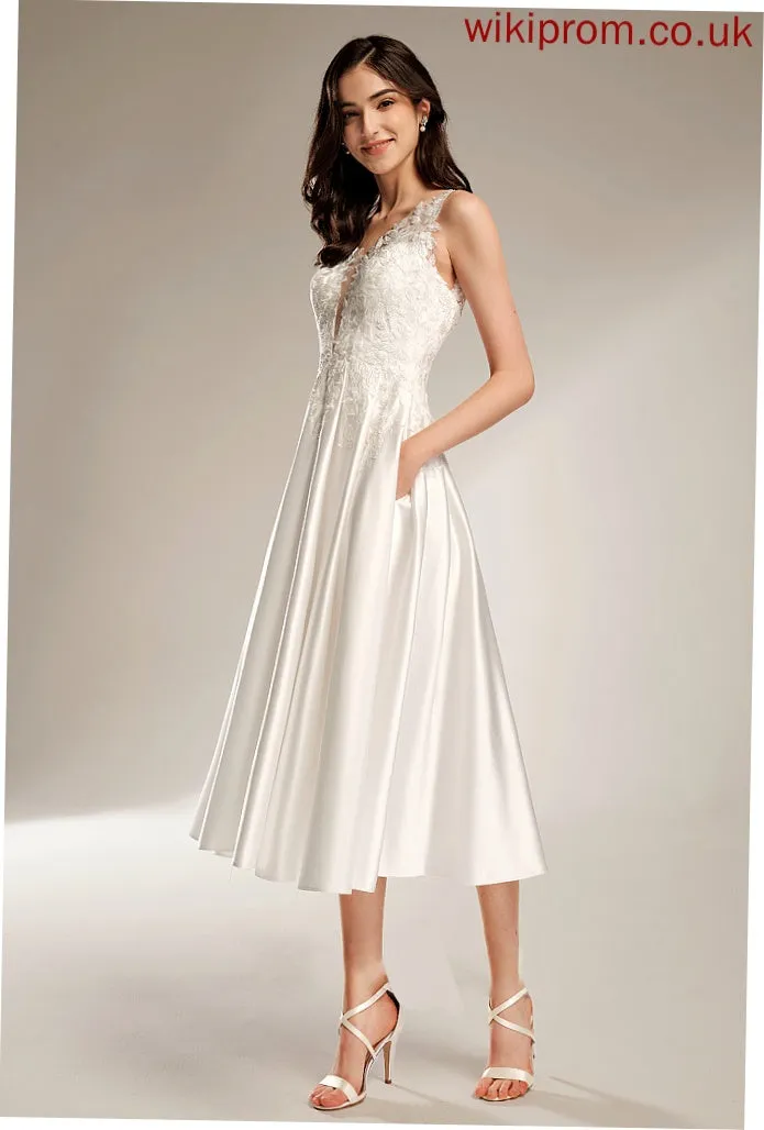 Tea-Length Wedding Maeve V-neck Dress With Wedding Dresses A-Line Pockets