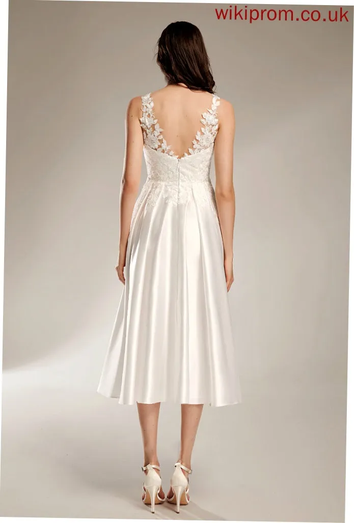 Tea-Length Wedding Maeve V-neck Dress With Wedding Dresses A-Line Pockets