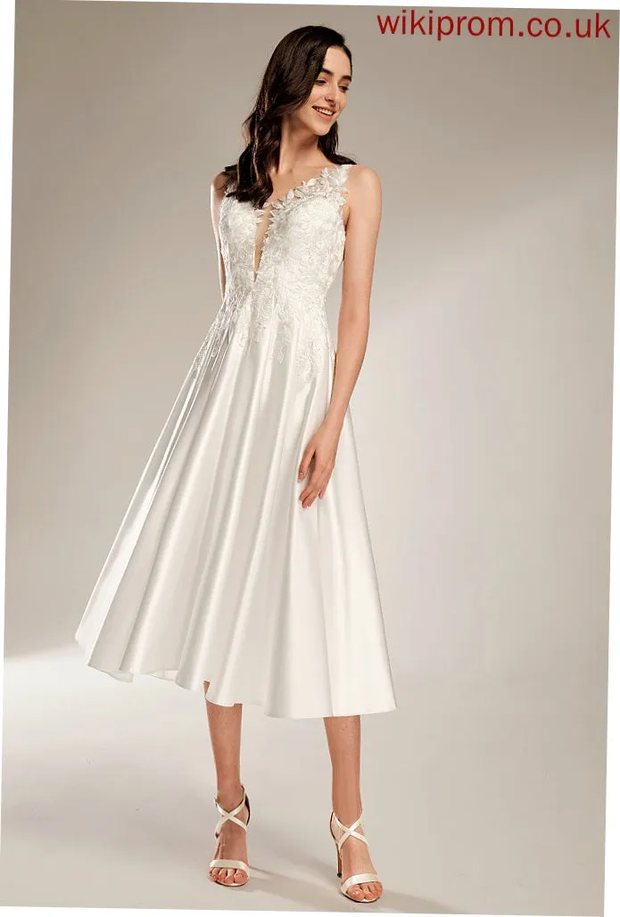 Tea-Length Wedding Maeve V-neck Dress With Wedding Dresses A-Line Pockets