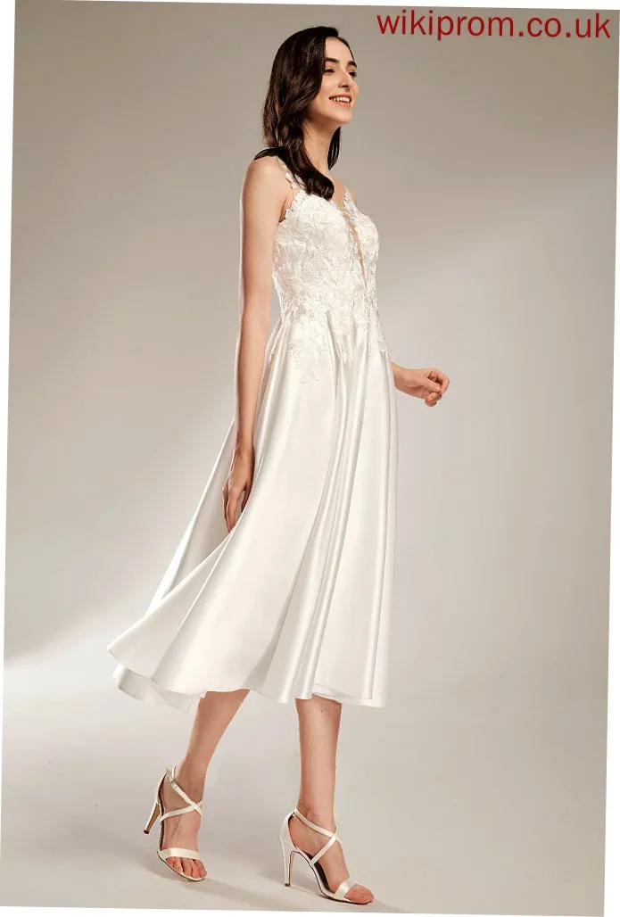 Tea-Length Wedding Maeve V-neck Dress With Wedding Dresses A-Line Pockets