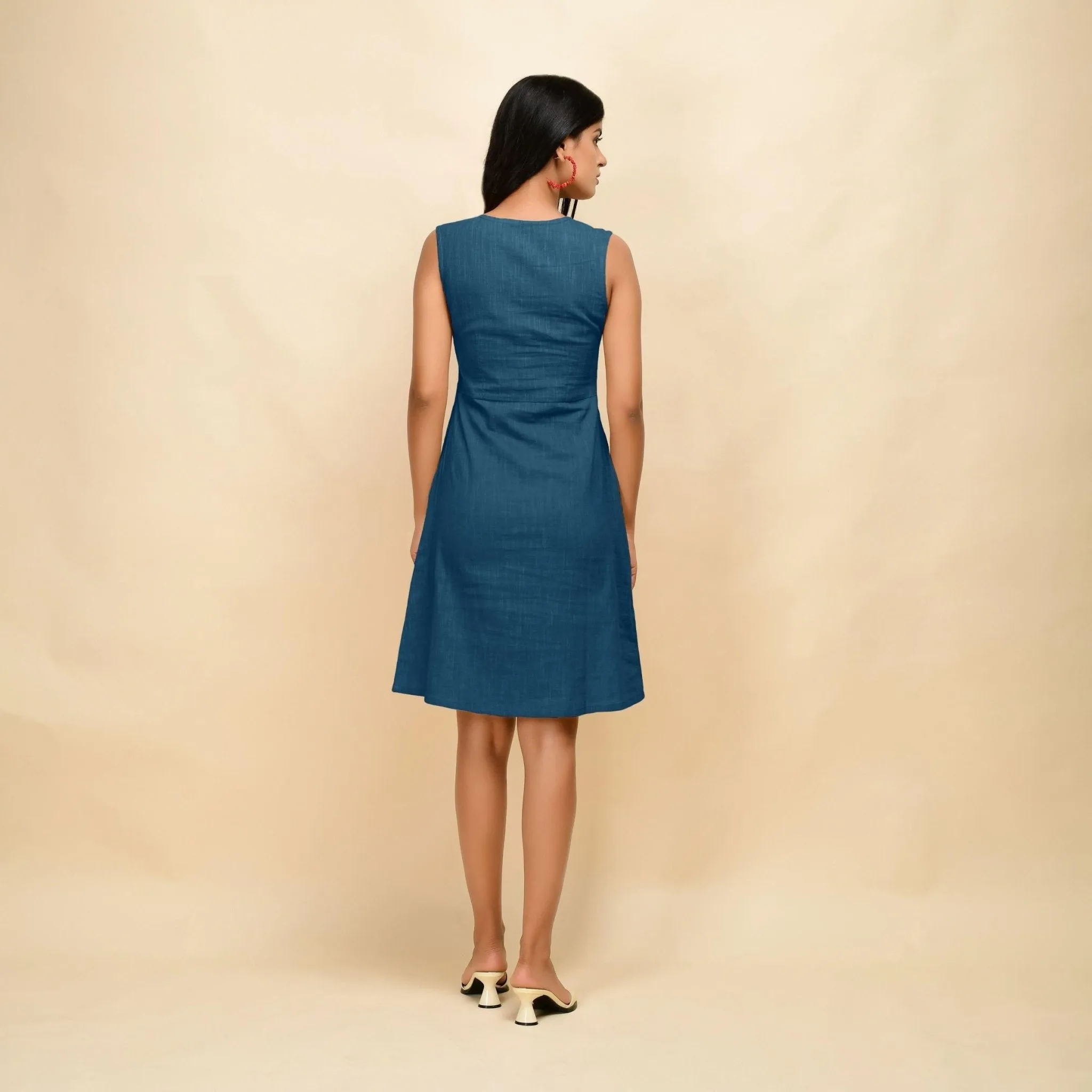 Teal Cotton Slim Fit Sleeveless Short Dress