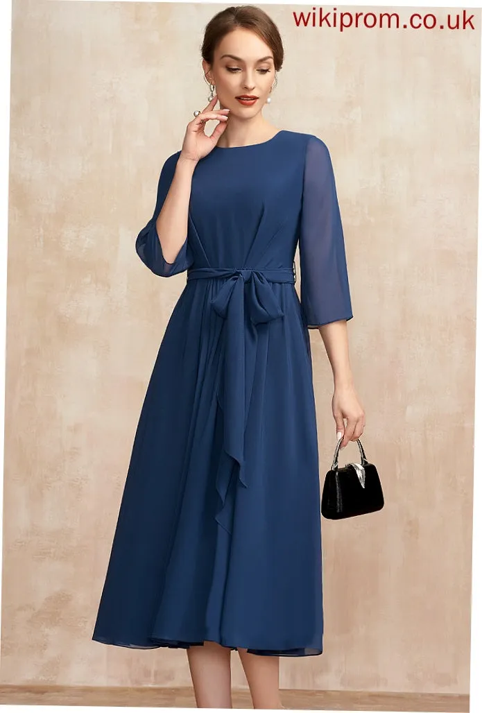 the Mother With of Bow(s) Monica Bride Mother of the Bride Dresses A-Line Scoop Tea-Length Dress Neck Chiffon Ruffle