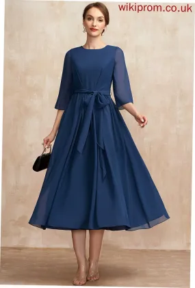 the Mother With of Bow(s) Monica Bride Mother of the Bride Dresses A-Line Scoop Tea-Length Dress Neck Chiffon Ruffle