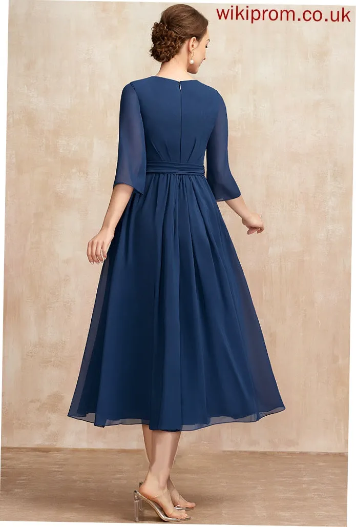 the Mother With of Bow(s) Monica Bride Mother of the Bride Dresses A-Line Scoop Tea-Length Dress Neck Chiffon Ruffle