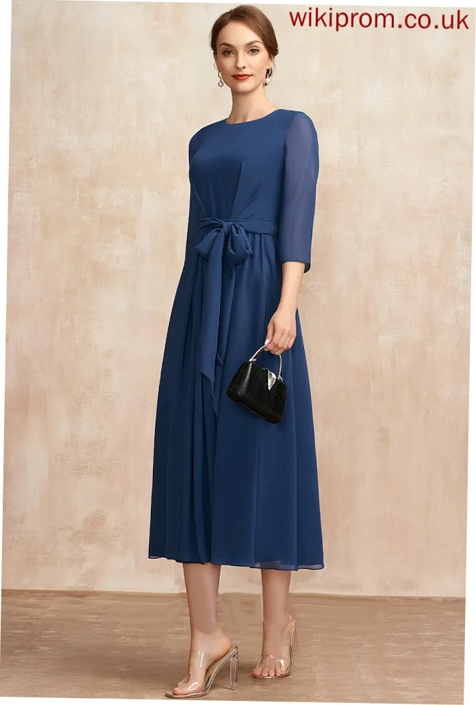 the Mother With of Bow(s) Monica Bride Mother of the Bride Dresses A-Line Scoop Tea-Length Dress Neck Chiffon Ruffle