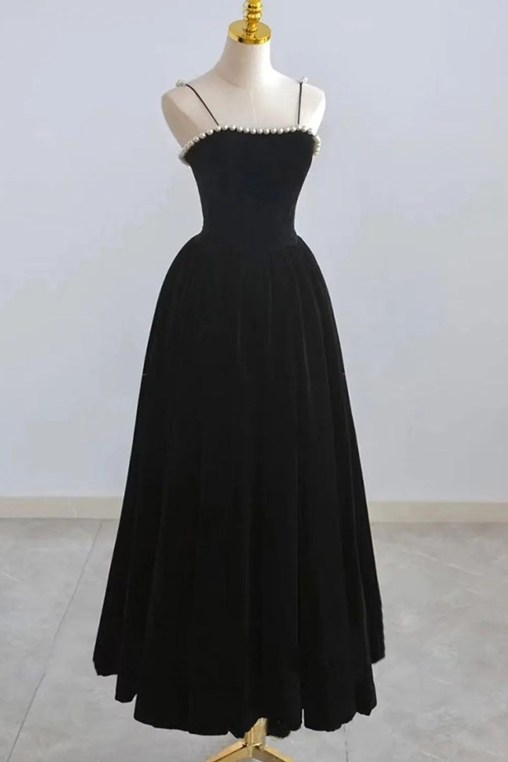 Thin Straps Black Velvet Tea Length Prom Homecoming Dresses with Pearls, Black Velvet Formal Graduation Evening Dresses