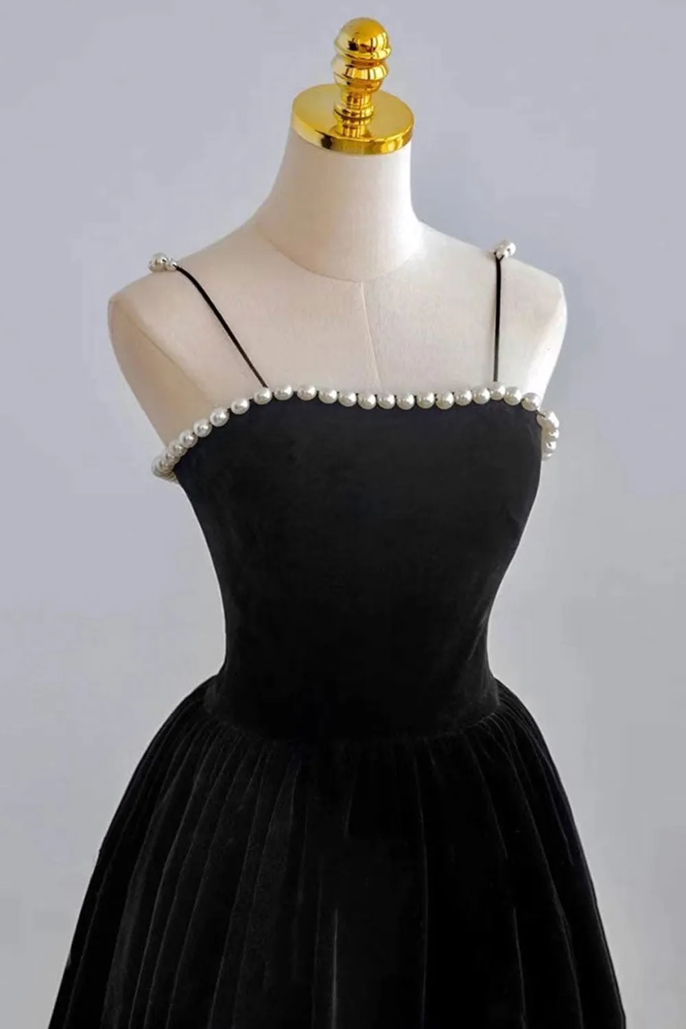 Thin Straps Black Velvet Tea Length Prom Homecoming Dresses with Pearls, Black Velvet Formal Graduation Evening Dresses