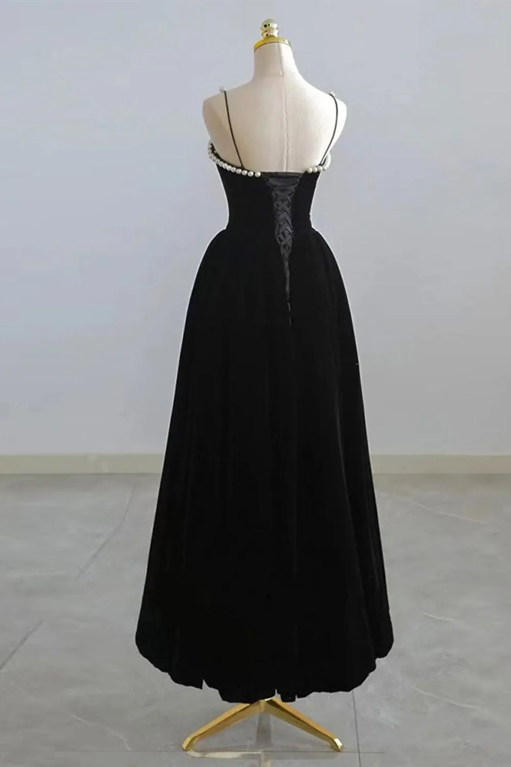 Thin Straps Black Velvet Tea Length Prom Homecoming Dresses with Pearls, Black Velvet Formal Graduation Evening Dresses