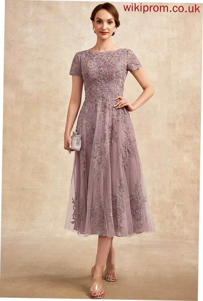 Tulle Bride Mother of the Bride Dresses Scoop Tea-Length Neck Dress of A-Line Alena Mother Lace the