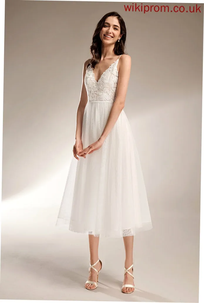 Tulle Tea-Length Wedding Dresses Dress Lace Wedding V-neck A-Line Mariah