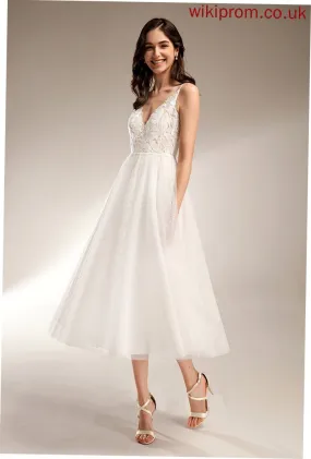 Tulle Tea-Length Wedding Dresses Dress Lace Wedding V-neck A-Line Mariah