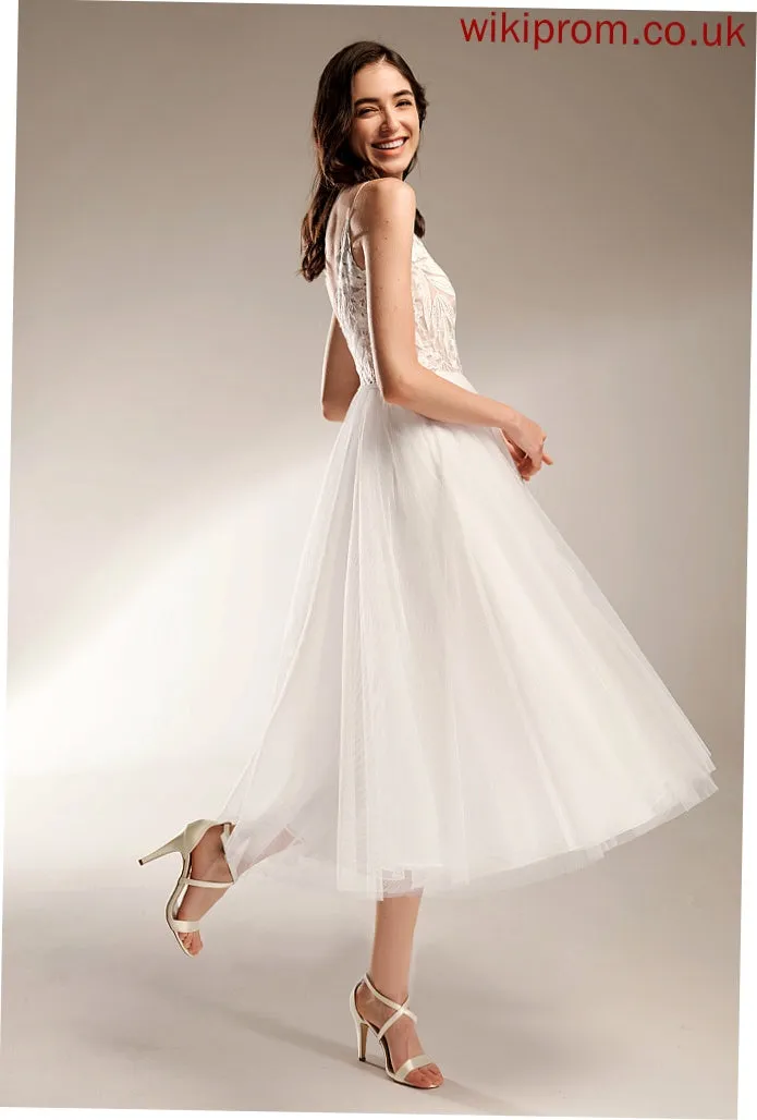 Tulle Tea-Length Wedding Dresses Dress Lace Wedding V-neck A-Line Mariah