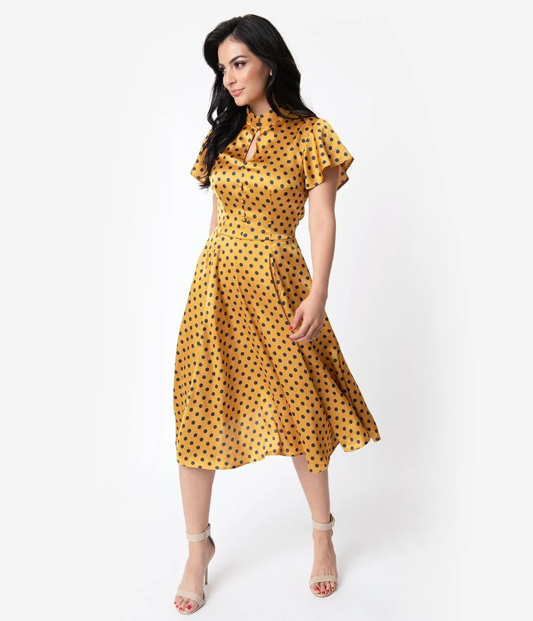 Unique Vintage 1950s Mustard & Navy Polka Dot Baltimore Swing Dress