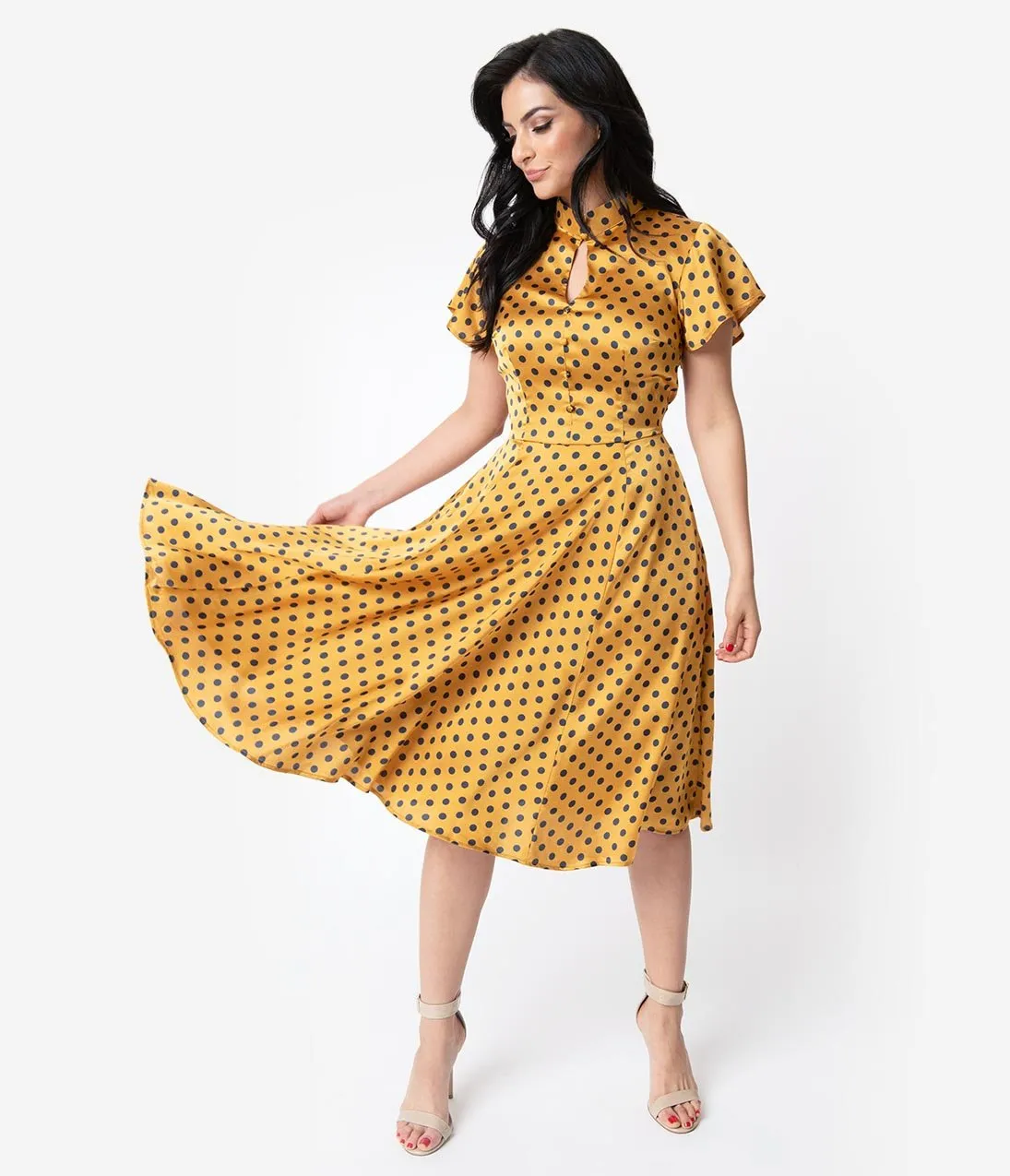 Unique Vintage 1950s Mustard & Navy Polka Dot Baltimore Swing Dress