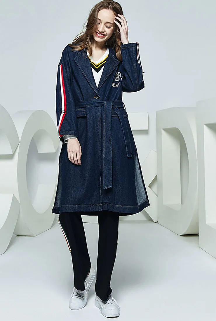 V-neck Mid-Length Denim Trench Coat With Belt