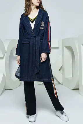 V-neck Mid-Length Denim Trench Coat With Belt