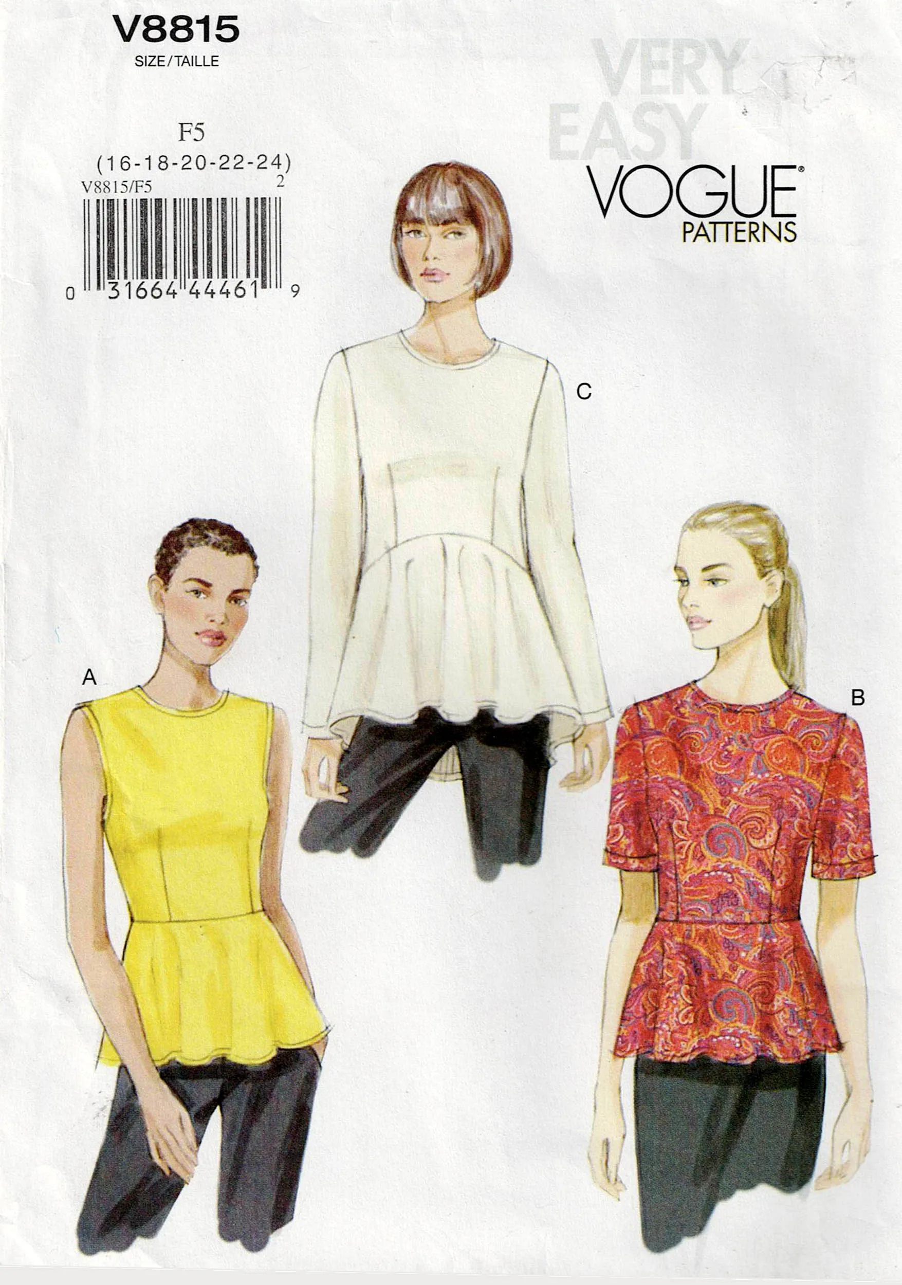 Very Easy Vogue V8815 Womens High Waisted Peplum Tops Sewing Pattern Size 8 - 16 or 16 - 24 UNCUT Factory Folded