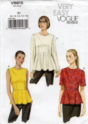 Very Easy Vogue V8815 Womens High Waisted Peplum Tops Sewing Pattern Size 8 - 16 or 16 - 24 UNCUT Factory Folded