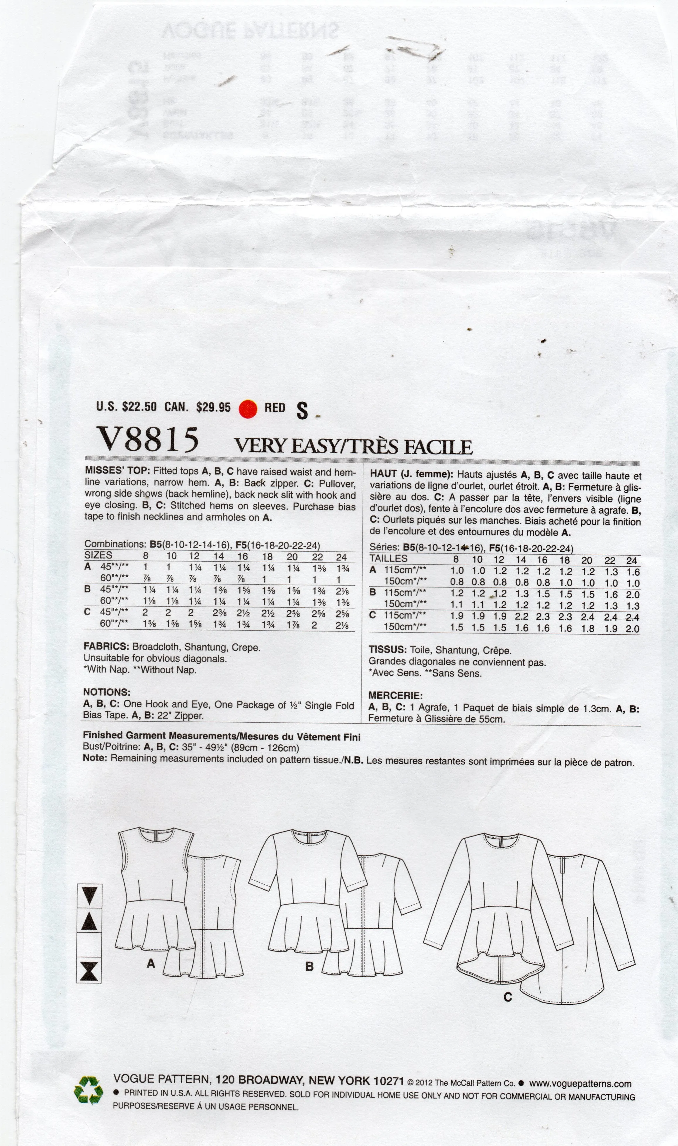 Very Easy Vogue V8815 Womens High Waisted Peplum Tops Sewing Pattern Size 8 - 16 or 16 - 24 UNCUT Factory Folded