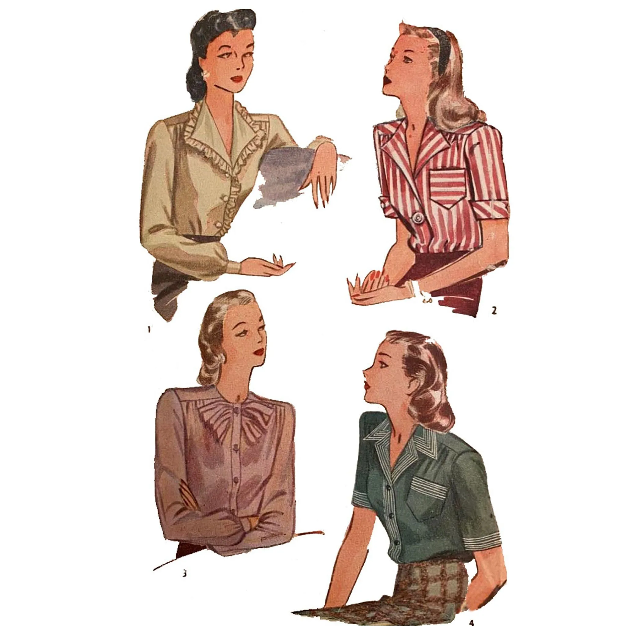 Vintage 1940s Pattern – Women’s Blouses - Various Styles - Bust 42” (106.7cm)